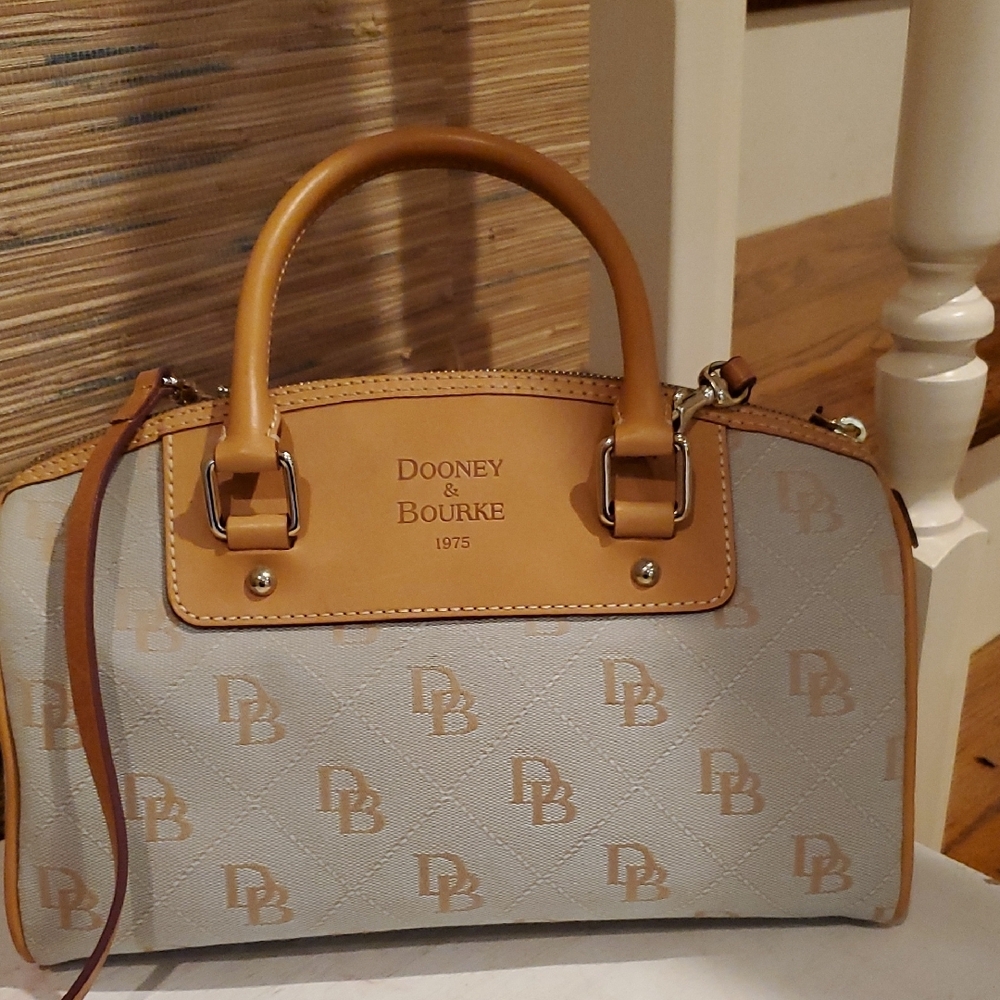 Dooney & Bourke Tassel Tan and Blue Domed Two Handle Satchel Bag - Picture 3 of 15